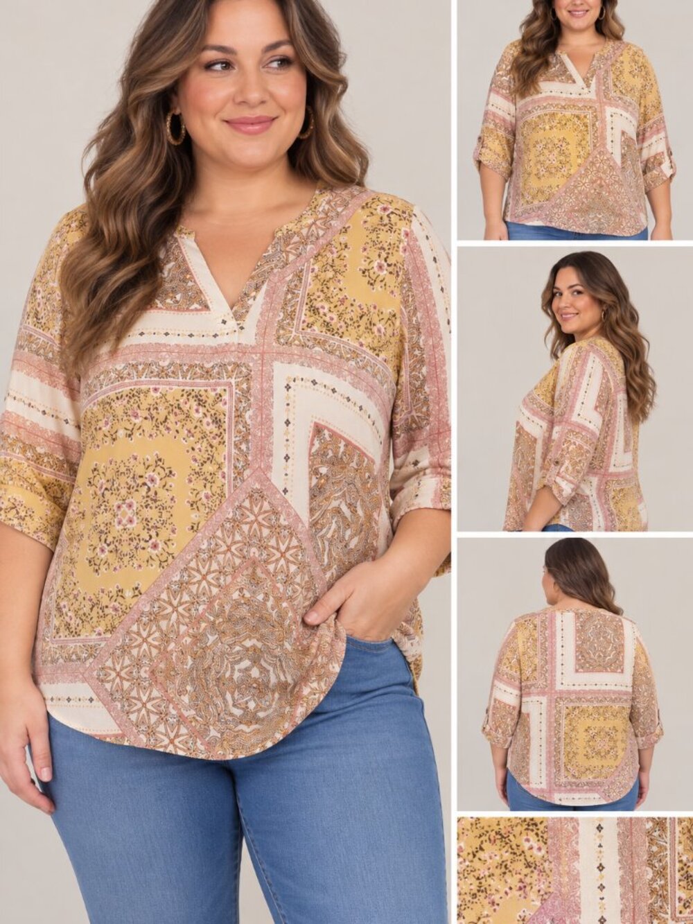 🌟2/$15 Maurices Mustard & Cream Patchwork V-Neck Tunic